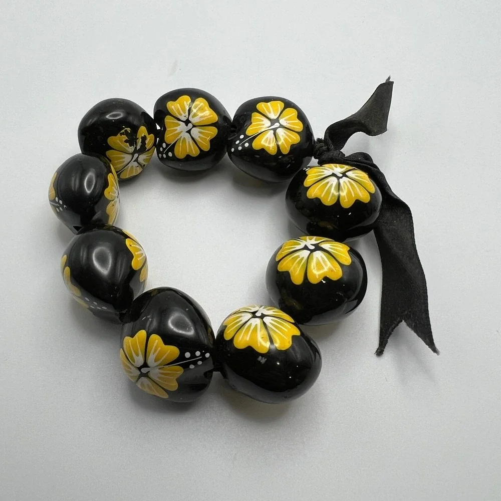 Hawaiian Necklace Bracelet Black Yellow Hibiscus‎ Flower Handmade Stretch